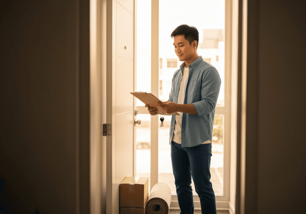 Upper middle class Filipino renter in an Ortigas studio, checking a rental checklist with moving boxes by the door, golden hour light, searching for the perfect condo in Manila.