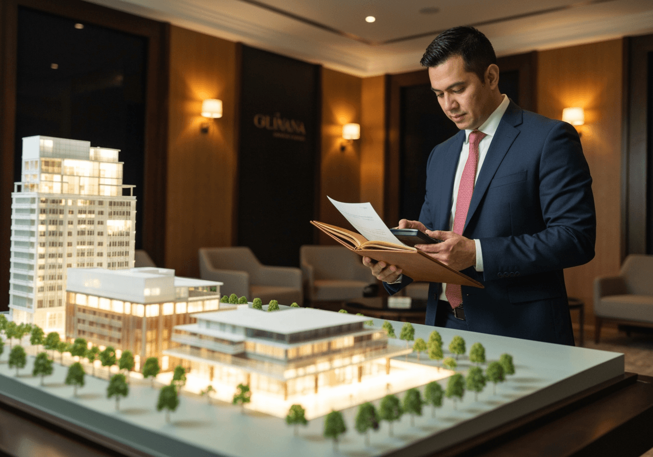 Filipino property investor in a premium sales gallery studying a scale model with a leather folio and calculator, upscale ambiance, evaluating condo investment in the Philippines.