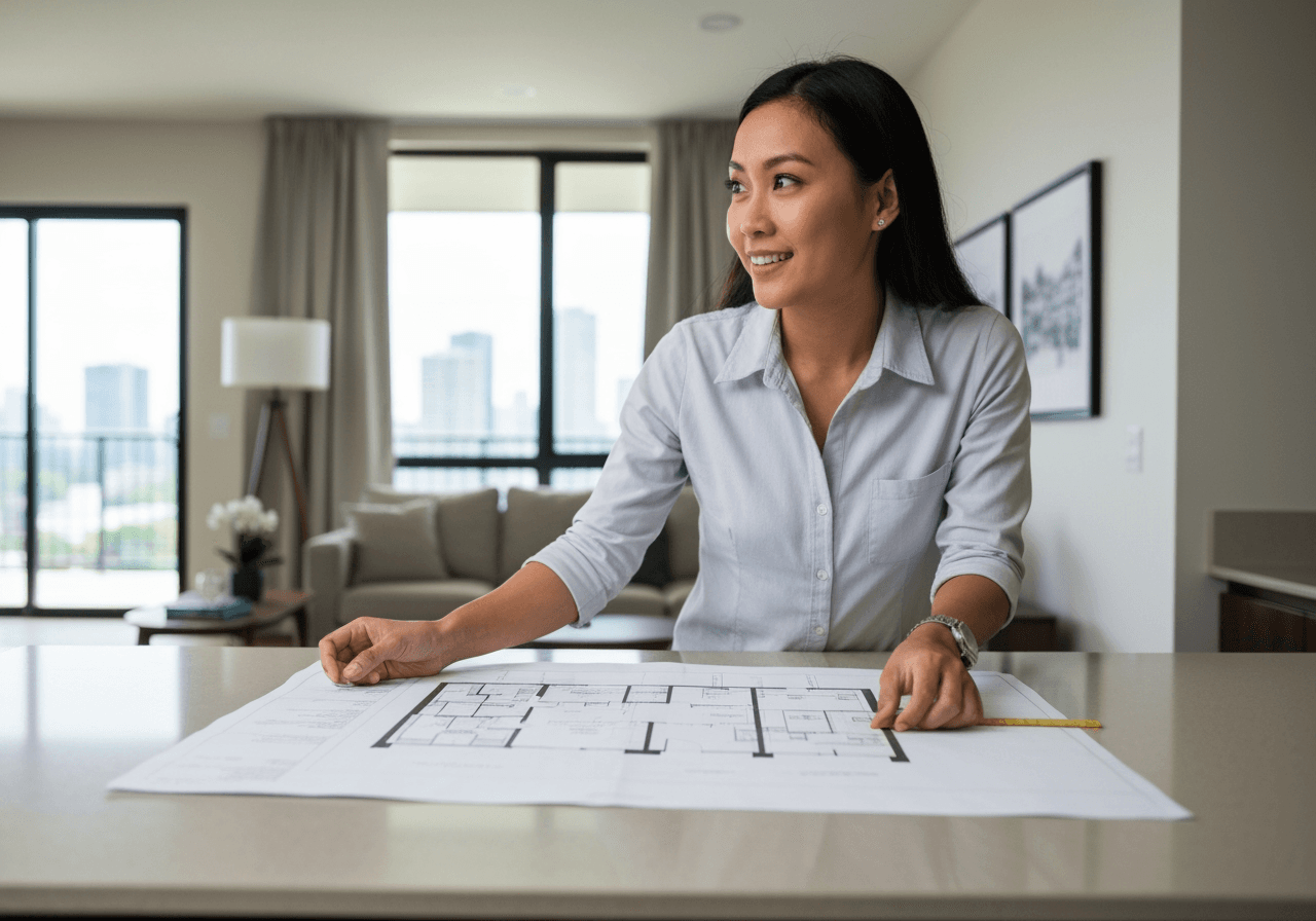 Filipina condo buyer in a BGC model unit measuring kitchen cabinets while reviewing a floor plan, bright staged interior, hopeful expression, finding the perfect home in Metro Manila.